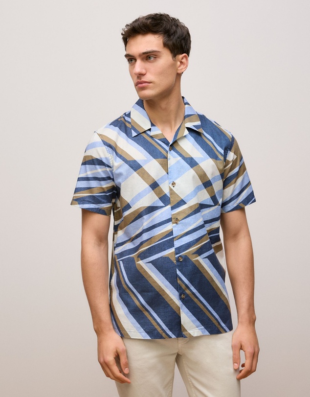 Trenery - Cotton Abstract Stripe Short Sleeve Shirt in Duck Egg Blue