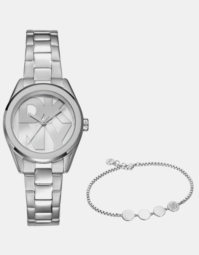 DKNY - Logo Silver 28mm Silver Dial Womens Watch + Silver Bracelet