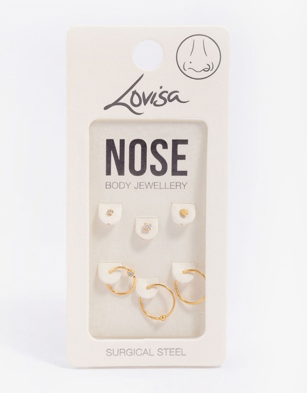 Lovisa - Gold Plated Surgical Steel Bone & Ball Nose Ring 6-Pack