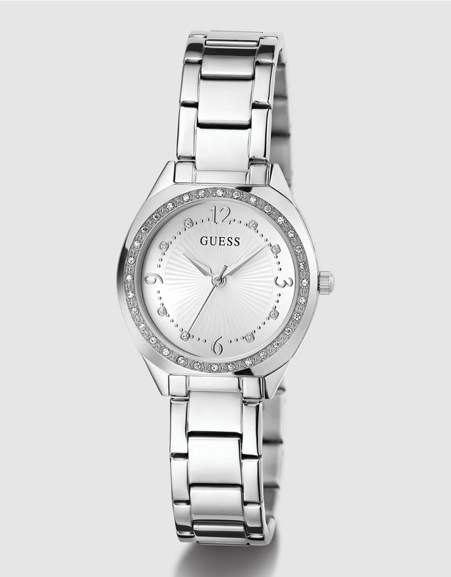 GUESS - Silver-Tone 30mm White Dial with Crystal Bezel Women's Watch
