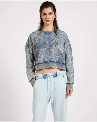 ONE TEASPOON - Fleece Cropped Star Studded Sweater - Acid Wash Blue