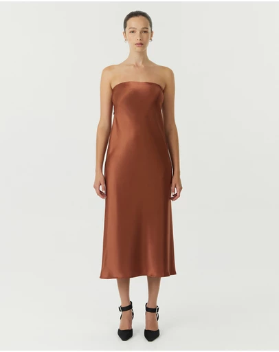 Third Form - Satin Tie Back Strapless Midi Dress