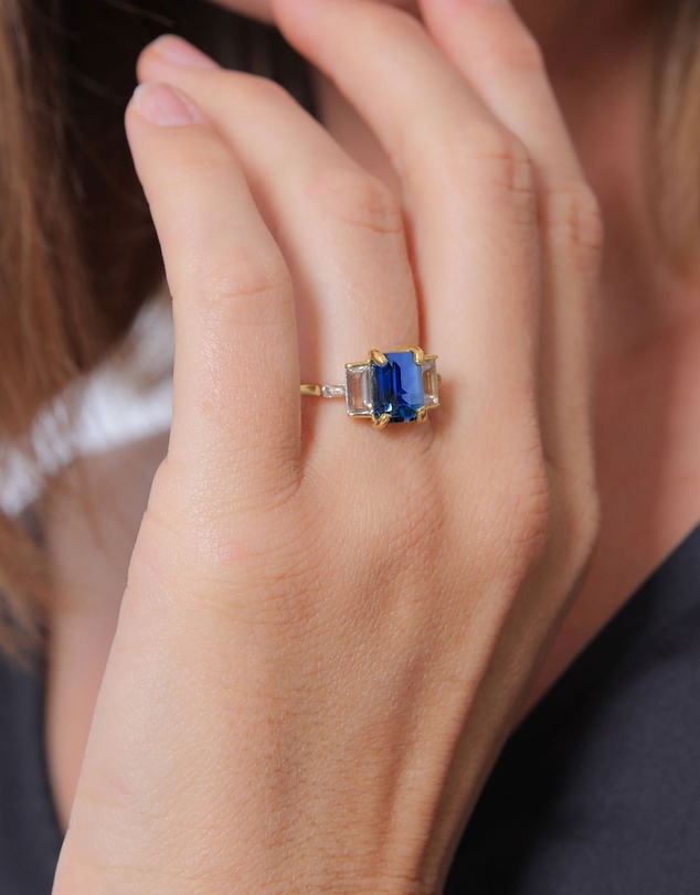 Elli Jewelry - Ring with Stones Rectangle Sapphire 925 Sterling Silver Gold-plated