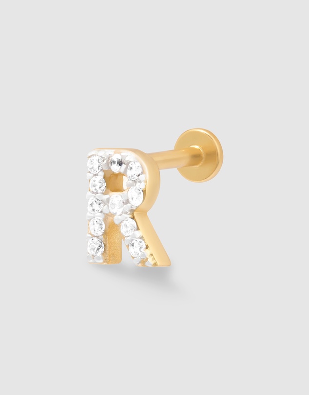 Wanderlust + Co - Alphabet Pave Gold Flat Back Earring - Letter R