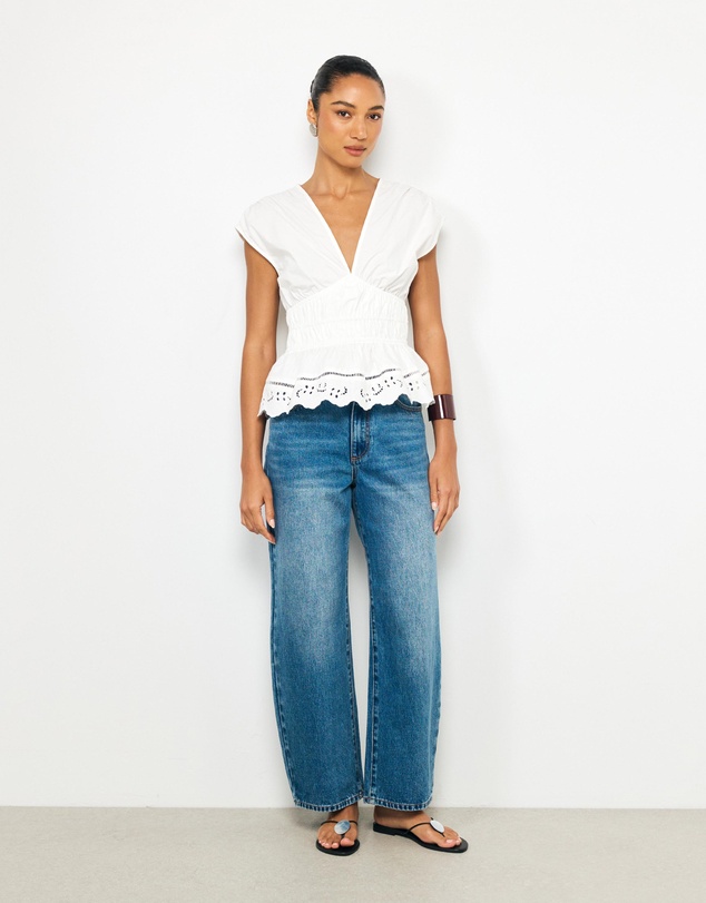 AERE - Bonnie Ruched Lace Peplum Top
