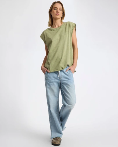 ONE TEASPOON - Roadhouse Mid Waist Wide Leg Drawstring Denim Jean - Riviera Blue