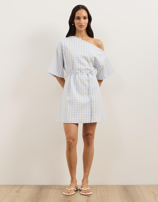 Atmos&Here - Olive Off Shoulder Gingham Mini Dress With Tie Waist
