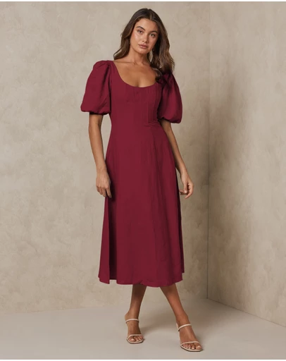 AERE - Paloma Linen Puff Sleeve Midi Dress