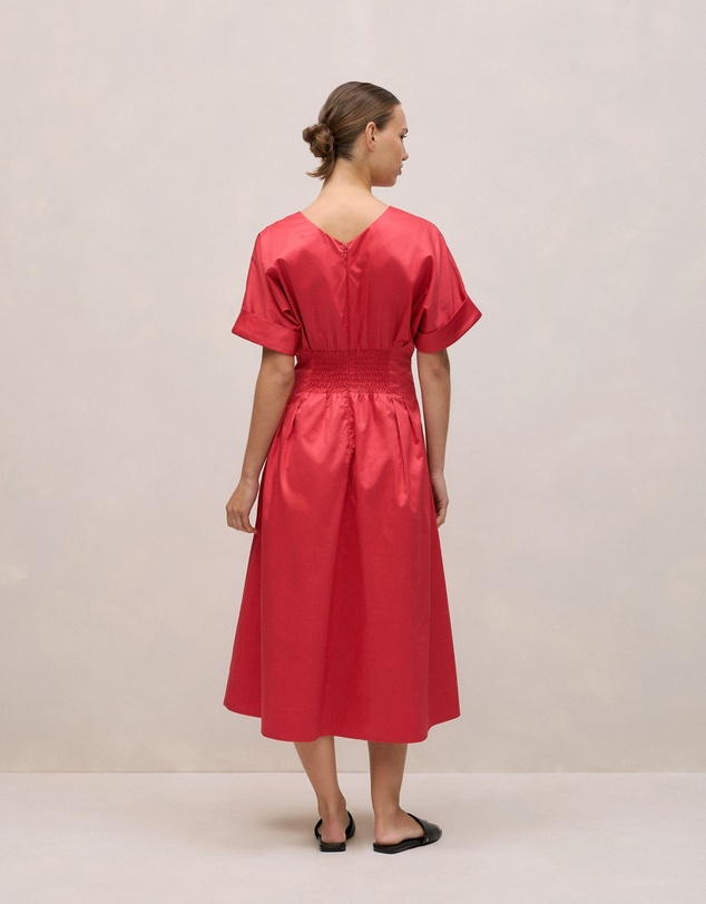 Trenery - Cotton Sateen Pleat Waist Dress in Crimson