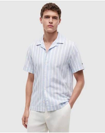 Tommy Hilfiger - Linen Blend Textured Stripe Short Sleeve Shirt