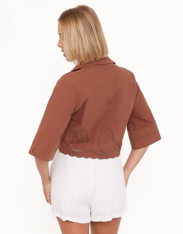 Petal & Pup - Williams Cropped Eyelet Button Up Shirt - Brown