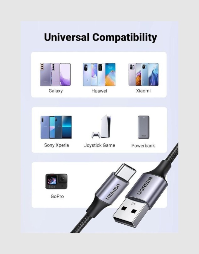 Ugreen - UGreen 3m USB-C to USB 2.0 Male Cable Space Gray – Fast Charging QC 3.0 Data Transfer