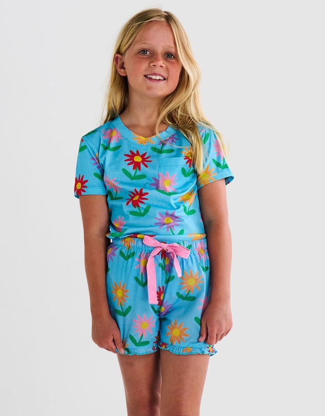 Kip&Co - Little Flowers Organic Cotton SS Tee Frill Shorts Pyjama Set - Kids-Teens