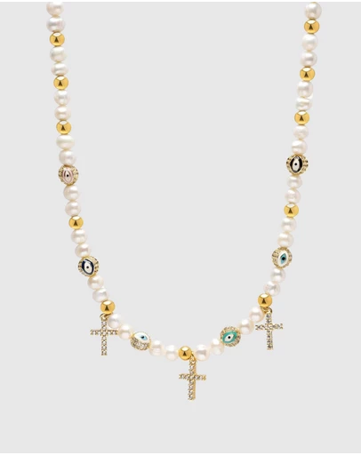 Nialaya Jewellery - Men's Cross Pearl Choker with Evil Eyes