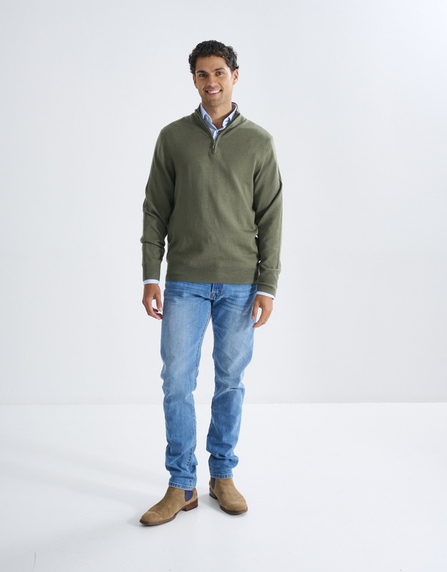 3 Wise Men - 3 Wise Men Harvey Zip Neck Merino Knit - Army Green
