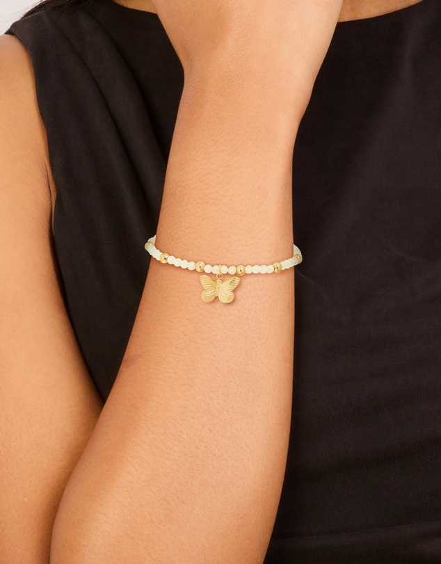 Lovisa - Waterproof Gold Plated Stainless Steel Green Semi Precious Stone Butterfly Stretch Bracelet