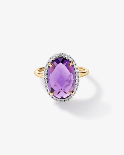 Michael Hill - Oval Amethyst & 0.35 Carat TW Diamond Halo Ring in 10kt Yellow Gold with Rhodium