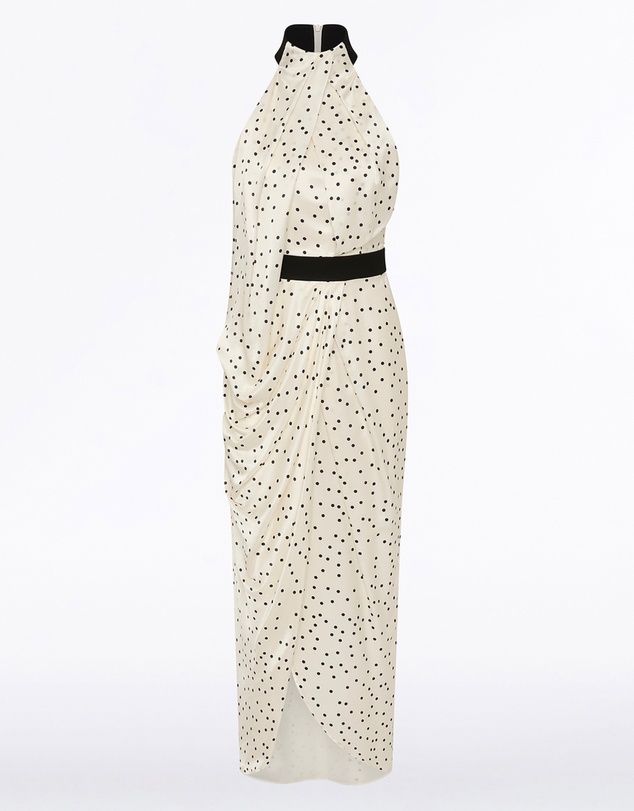 Carla Zampatti - Monochrome Dot Silk Viscose Halter Draped Gown