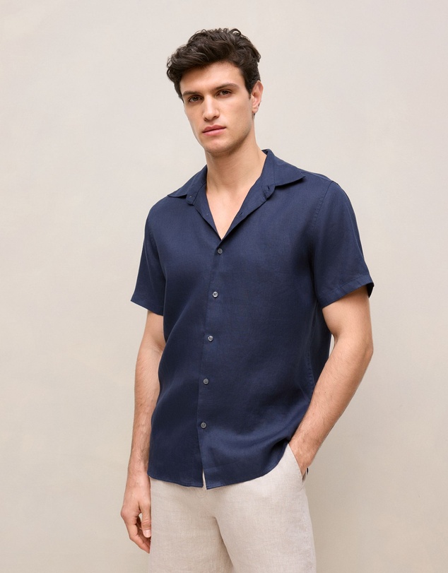 Trenery - Regular Fit Linen Short Sleeve Shirt in Navy