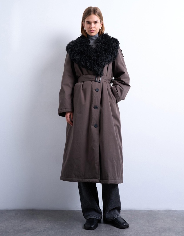 TOPSHOP - Faux Fur Collar Belted Trench Coat