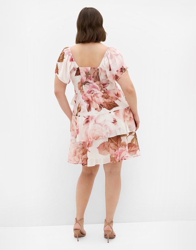 City Chic - Plus size Sienna Petal Print Tier Mini Dress - cream