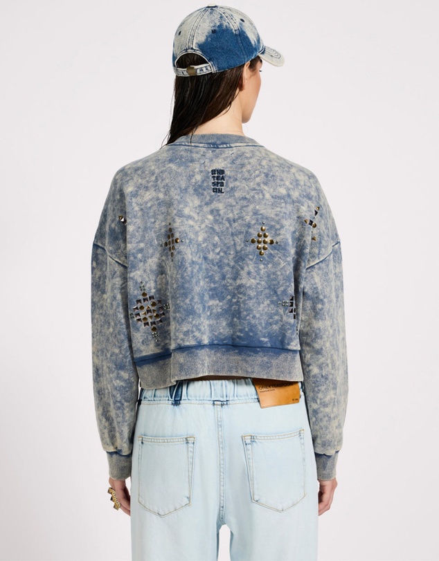 ONE TEASPOON - Fleece Cropped Star Studded Sweater - Acid Wash Blue