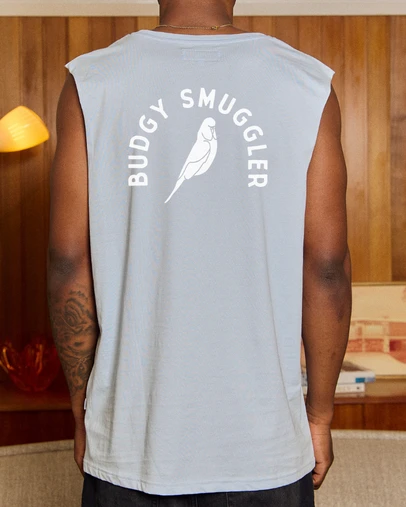 Budgy Smuggler - Light Blue Singlet with Budgy Arch logo