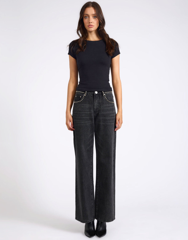 ONE TEASPOON - Jackson Mid Waist Wide Leg Studded Denim Jeans - Black