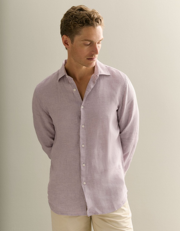 Trenery - Tailored Fit Yarn Dyed Linen Textured Shirt in Faded Violet