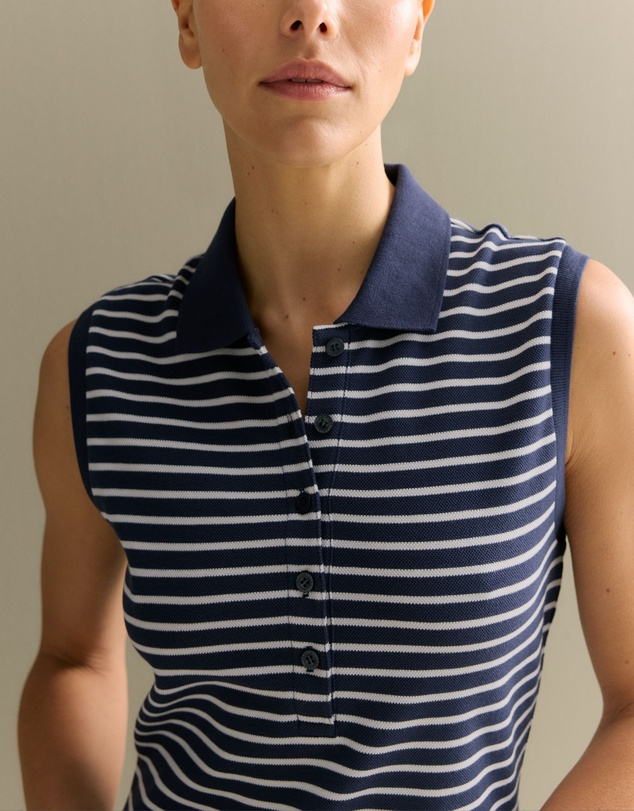 Trenery - Cotton Pique Stripe Sleeveless Polo Dress in Navy