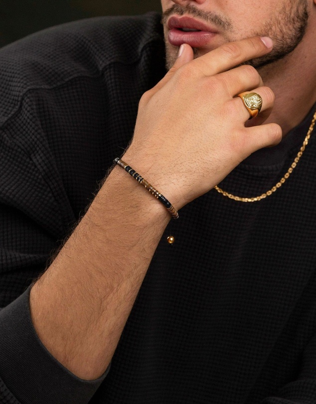 Nialaya Jewellery - Men's Beaded Bracelet with Black, Brown and Gold Disc Beads