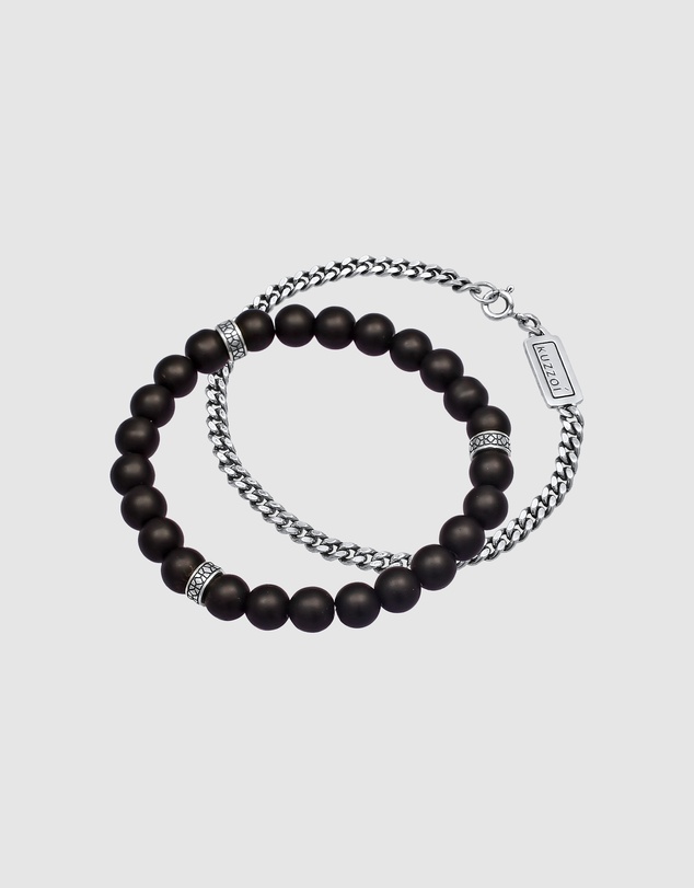 Kuzzoi - ICONIC EXCLUSIVE - Bracelet Set Onyx Stone Curb Chain Masculine in 925 Sterling Silver