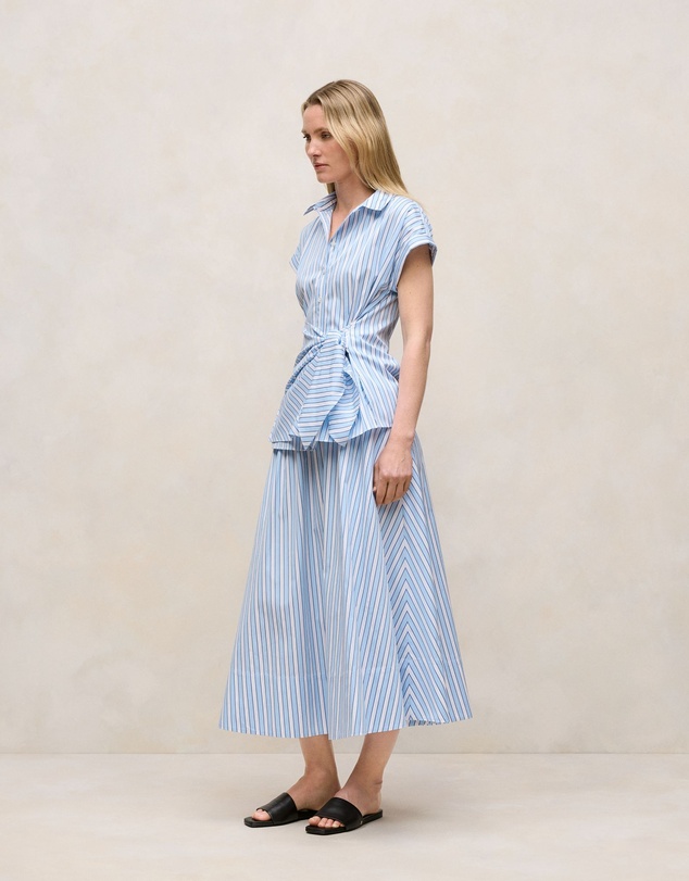 Trenery - Jacquard Stripe Poplin Tie Front Shirt in Pastel Blue