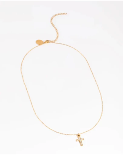 Lovisa - Waterproof Gold Plated Stainless Steel Cubic Zirconia Cross Necklace