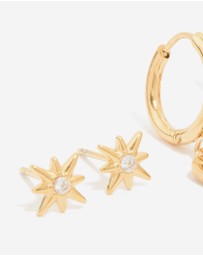 Lovisa - Waterproof Gold Plated Stainless Steel Cubic Zirconia Star Disc & Huggie Earrings 3-Pack