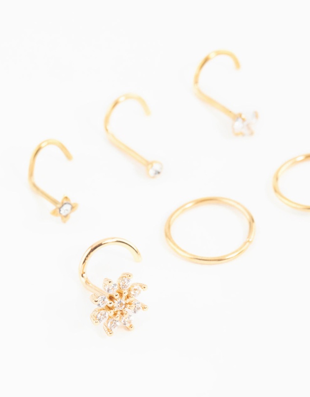 Lovisa - Gold Plated Surgical Steel Cubic Zirconia Flower Nose Ring & Stud 6-Pack