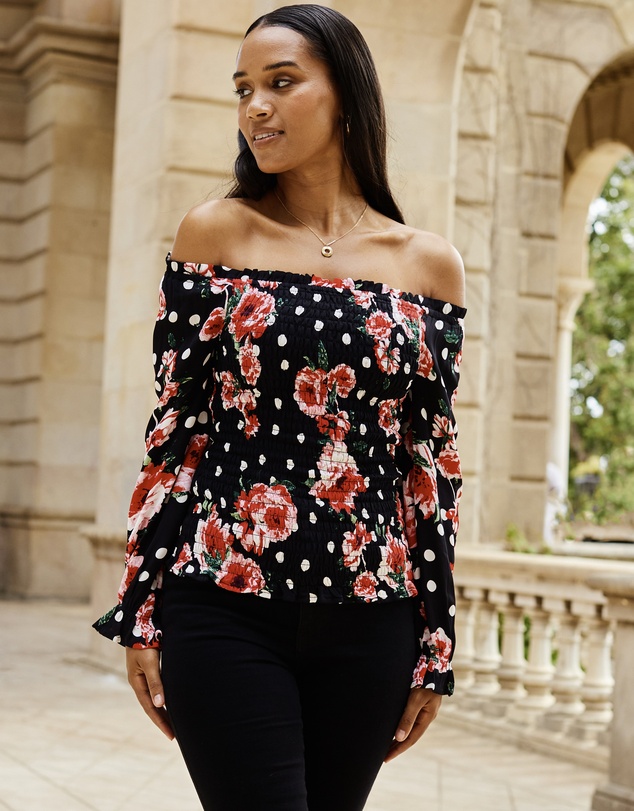 Sosandar - Floral Print Shirred Body Bardot Top