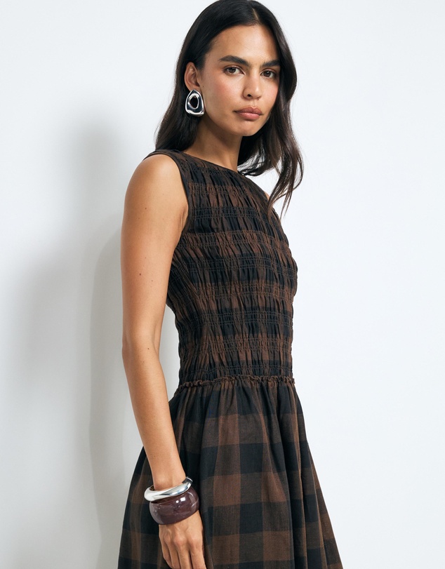 AERE - Inka Linen Gingham Shirred Maxi Dress