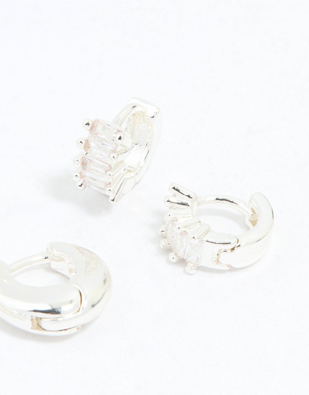 Lovisa - Silver Plated Brass Cubic Zirconia Baguette Hoops & Stud Earrings 4-Pack