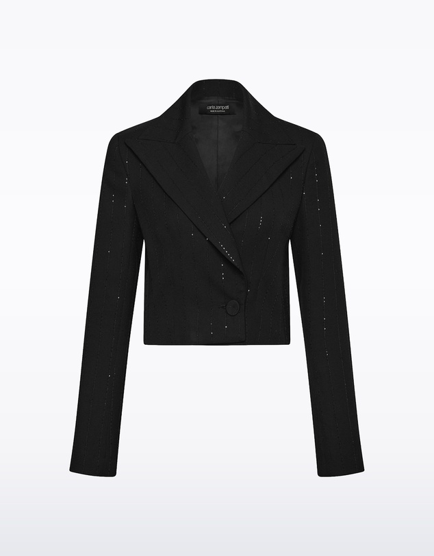 Carla Zampatti - Black Starlight Twill Peaked Lapel Cropped Jacket