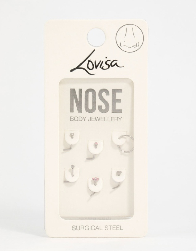 Lovisa - Surgical Steel Cubic Zirconia Flower & Heart Nose Piercing 6-Pack