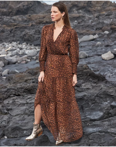 Sosandar - Leopard Print Button Front Tiered Maxi Dress
