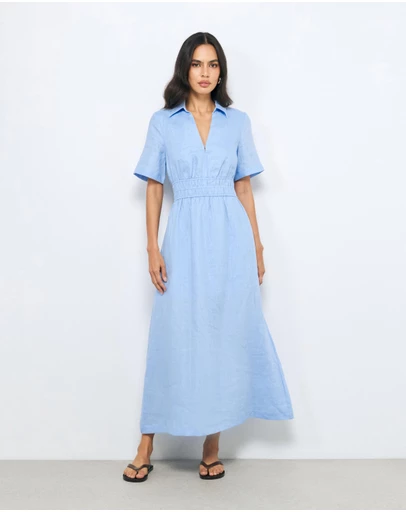 AERE - Ada Shirred Waist Linen Shirt Dress