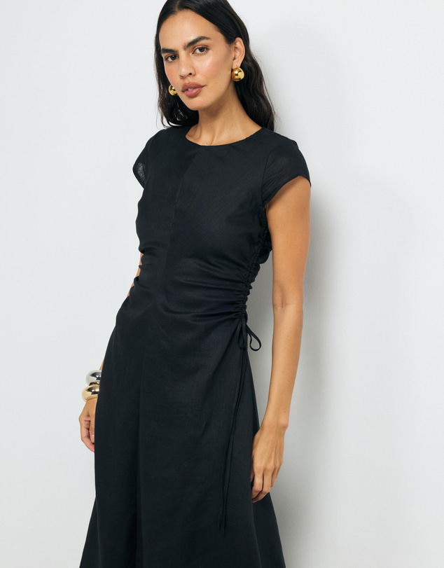 Revibe - Repaired AERE Lucia Ruched Linen Midi Dress - AU 10