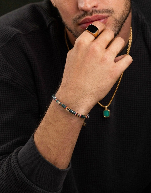 Nialaya Jewellery - Men's Beaded Bracelet with Dark Green and Gold Disc Beads