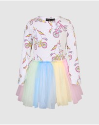 Rock Your Kid - Unicorn Bike Circus Long Sleeve Dress in Cream