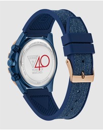 GUESS - ICONIC 40TH Denim 39mm Rose Gold-Tone Case Blue Silicone Strap