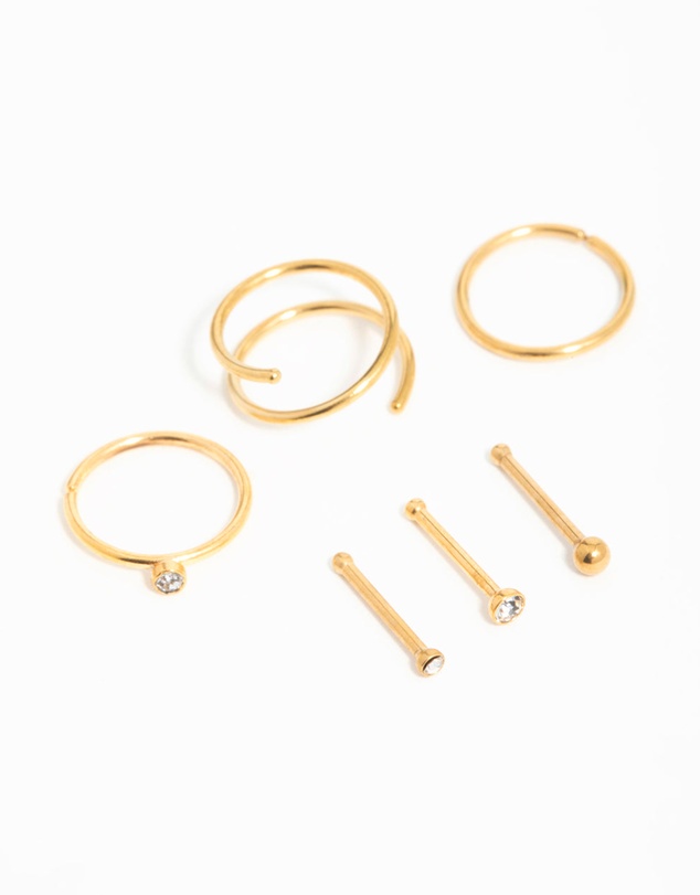 Lovisa - Gold Plated Surgical Steel Cubic Zirconia Bezel Nose Piercings 6-Pack