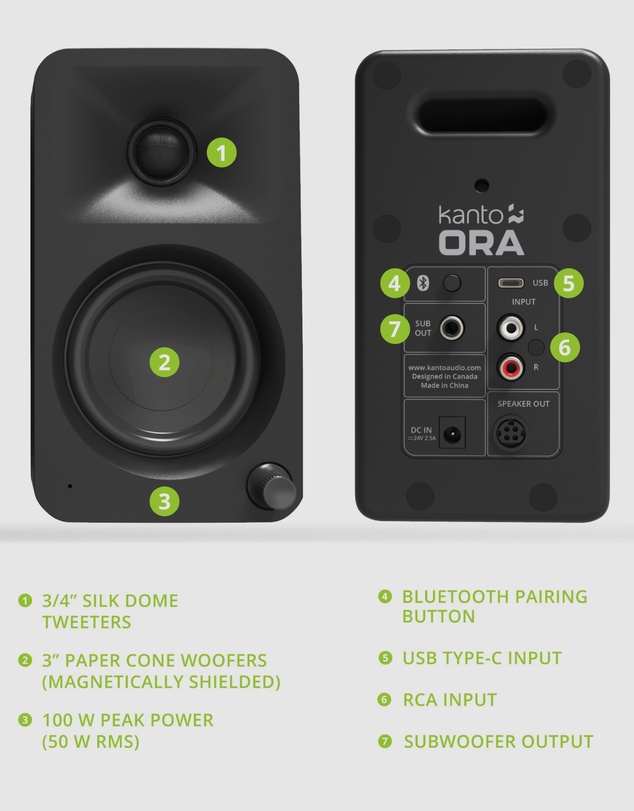 iWorld - Kanto ORA 100W Powered Reference Desktop Computer Speakers with Bluetooth 5.0 Black
