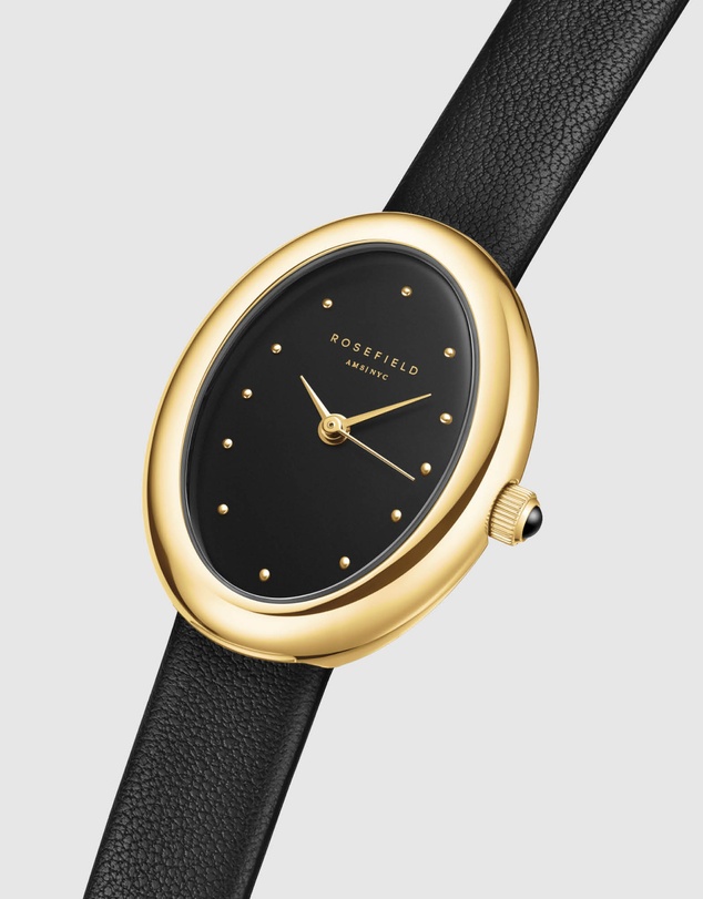 Rosefield - Ovale Black Matte Gold-Tone Black Leather Watch